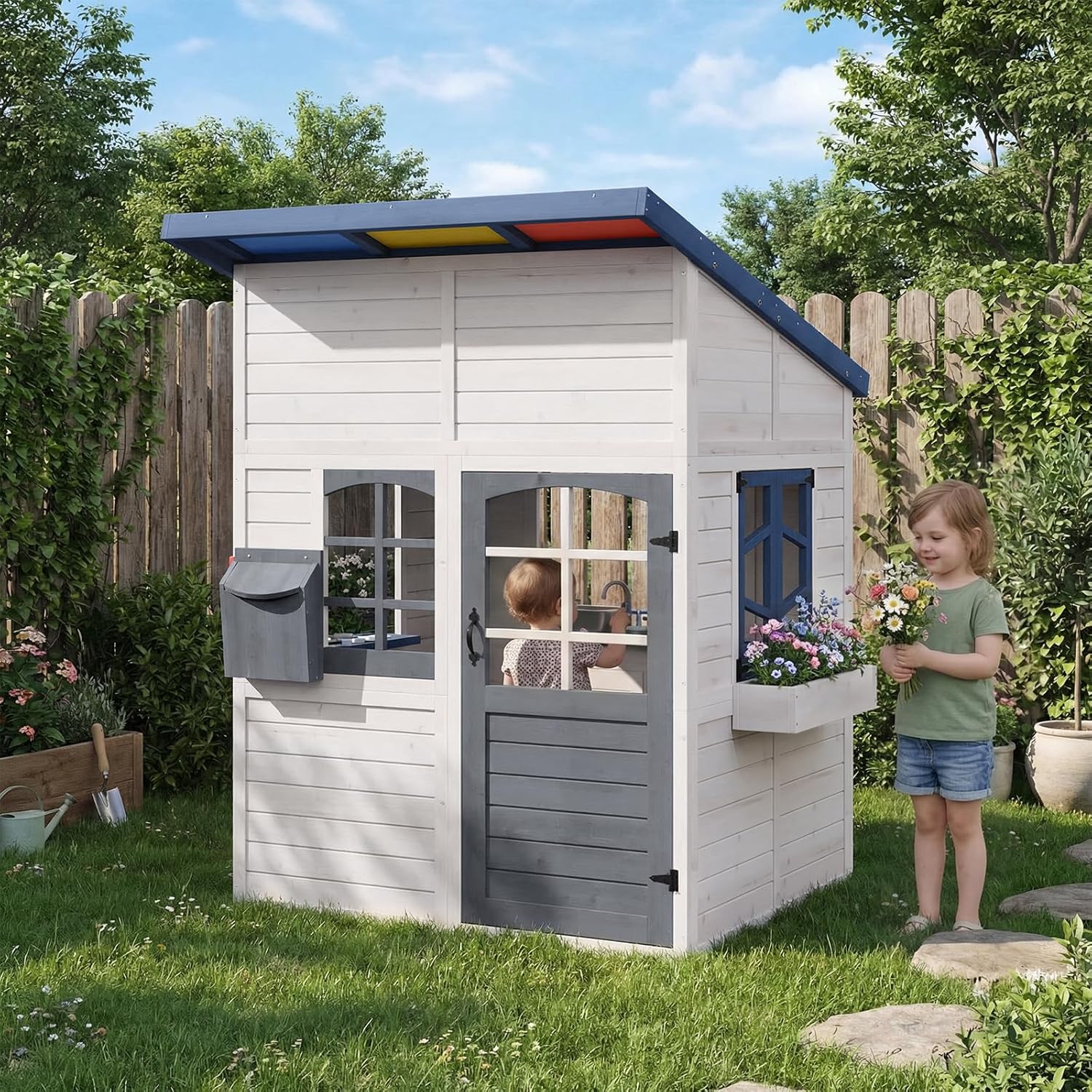 Kids Outdoor Kitchen - Wooden Kids Outdoor Playhouse with Sloped
