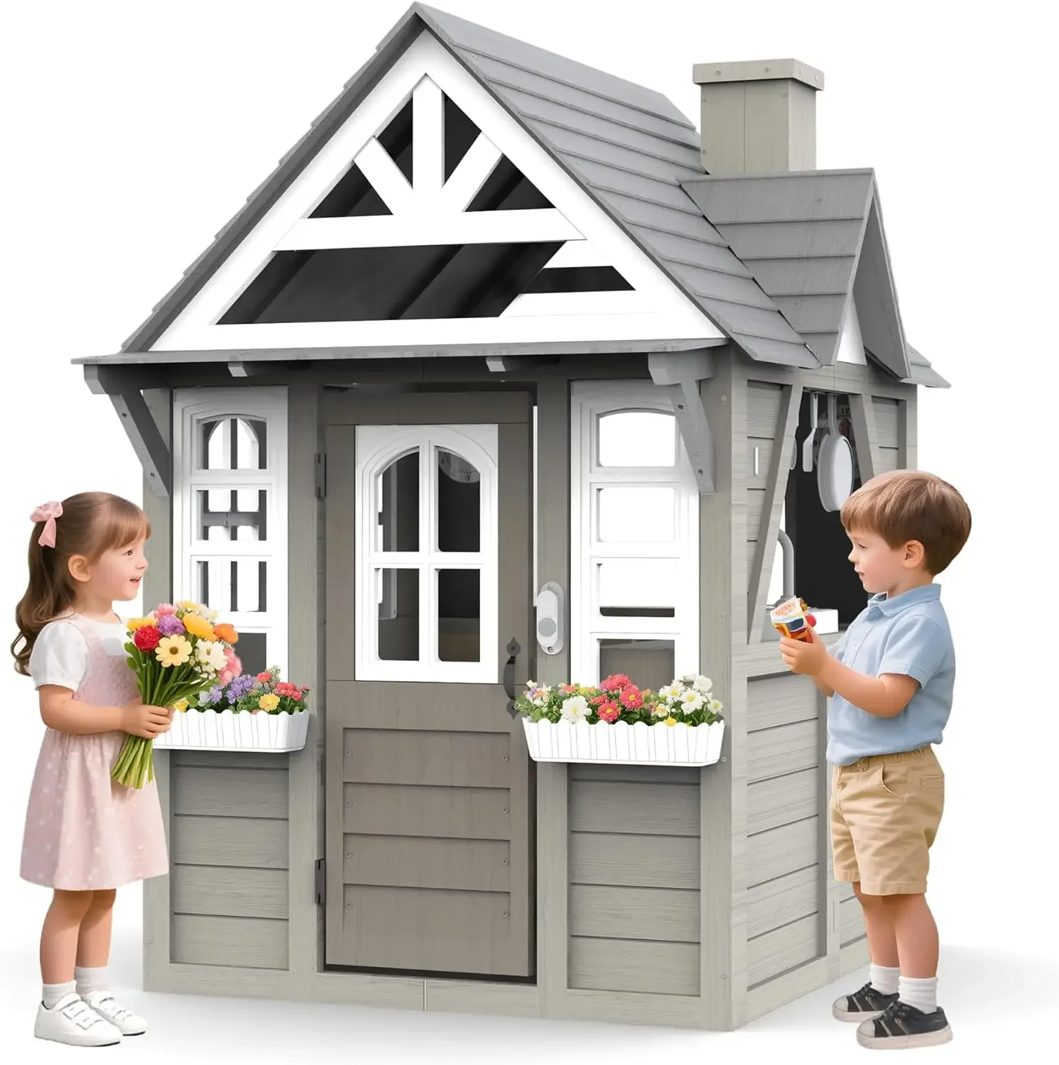 Kids Outdoor Wooden Playhouse - Kids Outdoor Playhouse,Cedar Gray Wooden Play