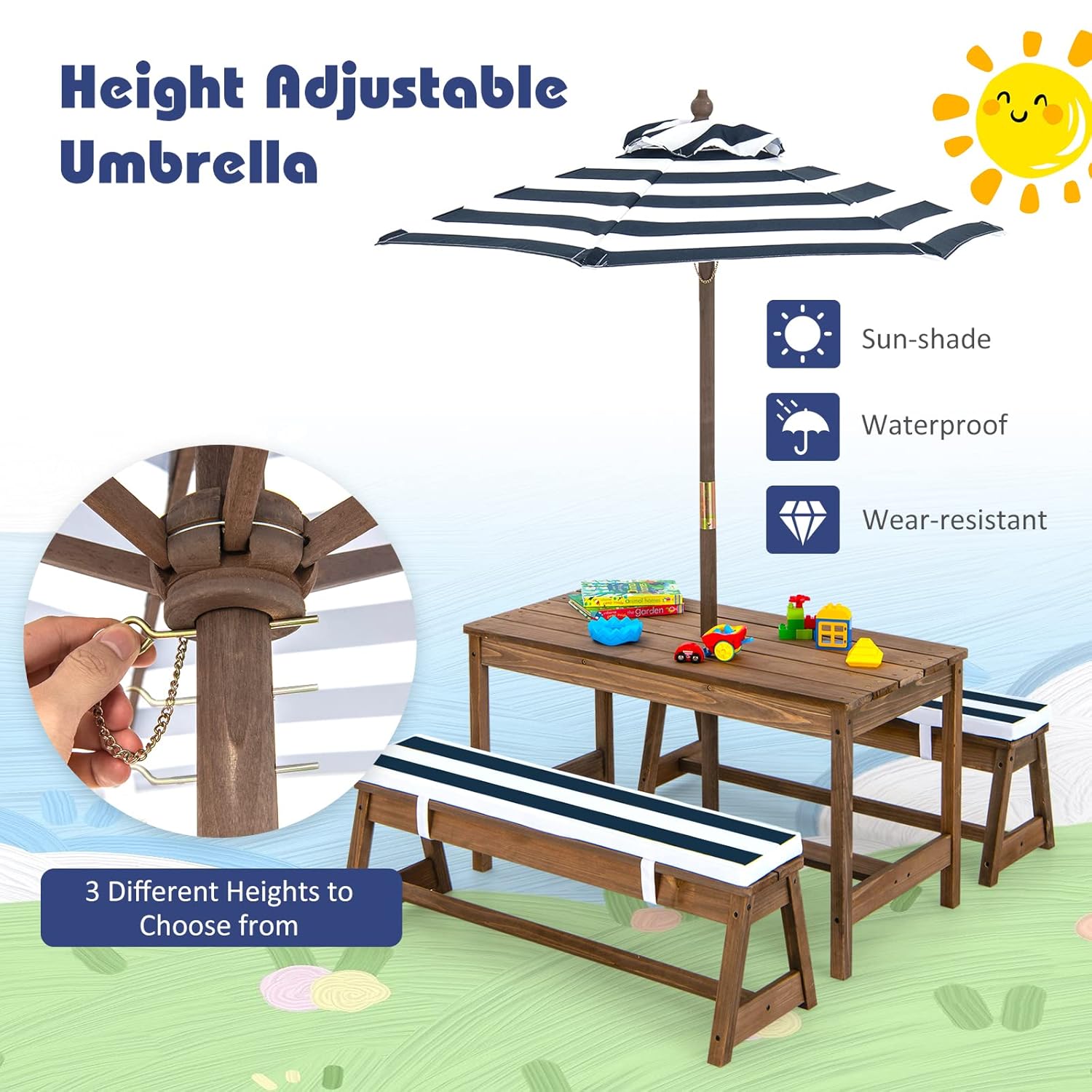 Height Adjustable Wooden Kids  - Kids Outdoor Table And Chairs With Umbrella recensie en prijs